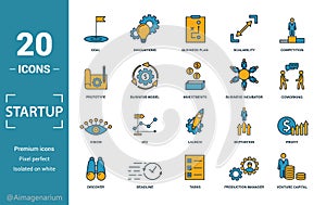 Startup icon set. Include creative elements goal, business plan, prototype, business incubator, vision icons. Can be used for