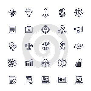 startup icons set, product launch, project funding