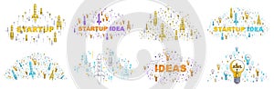 Startup idea business concepts vector illustrations set, image collection with rocket launch and light bulbs and a lot of