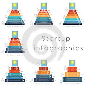 Startup infographics templates for 3,4,5,6,7,8,9 positions