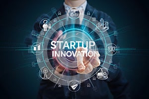 Startup innovation person develops product, disrupting industry with entrepreneurial flair