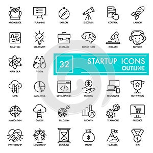 Startup with inscription line icon set, business symbols collection, vector sketches, logo illustrations, entrepreneur