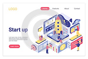 Startup landing page isometric vector template. Marketing team working, new company launching, starting web banner 3d