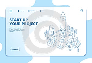 Startup landing page. Successful project launch. Isometric rocket, people at dashboard. Corporate ico business vector