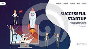 Startup landing page. Vector successful business team web banner