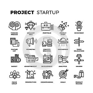 Startup, launch business, workflow, new product start up, research thin line vector icons