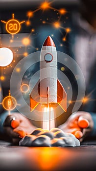 Startup Launch Concept with a Person Holding a Virtual Rocket Symbolizing Innovation Growth and Entrepreneurial Success