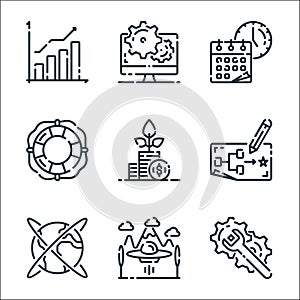 Startup line icons. linear set. quality vector line set such as setting, space ship, worldwide, planning, growing, lifebouy, time