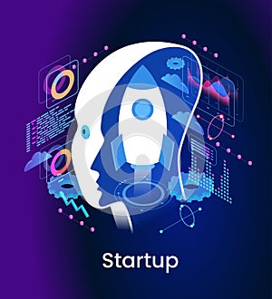 Startup management isometric concept banner
