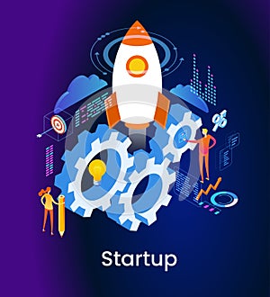 Startup management isometric concept banner