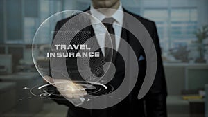 Startup management tutor presents concept Travel Insurance using hologram.