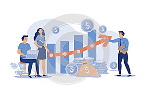 Startup managers presenting and analyzing sales growth chart.