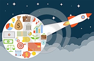 Startup. New business. Rocket pulls investment in the sky. Vector illustration