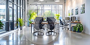 Startup office with sitstand desks ergonomic chairs and ample natural light from large windows in