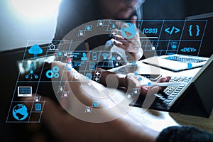 StartUp Programming Team. Website designer working digital table