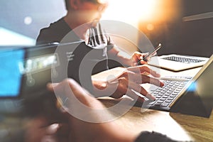 StartUp Programming Team. Website designer working digital table