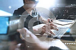 StartUp Programming Team. Website designer working digital table