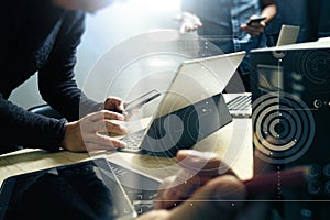 StartUp Programming Team. Website designer working digital table