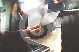 StartUp Programming Team. Website designer working digital table