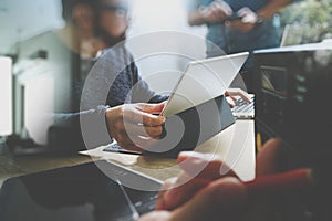 StartUp Programming Team. Website designer working digital table