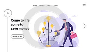 Startup Project Bringing Financial Money Success Website Landing Page. Creative Businessman Watering Idea Tree