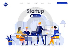 Startup project flat landing page design. Business meeting of creative team with whiteboard presentation scene with header.