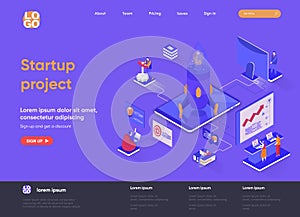 Startup project isometric landing page. Team of startup founders launching new project isometry web page. Innovation solution