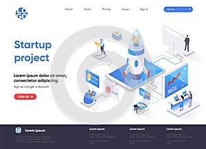 Startup project isometric landing page. Team of startup founders launching new project isometry web page. Innovation solution