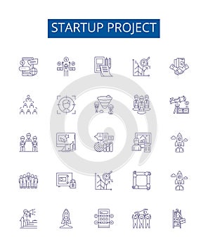 Startup project line icons signs set. Design collection of Startup, Project, Venture, New, Business, Idea, Launch