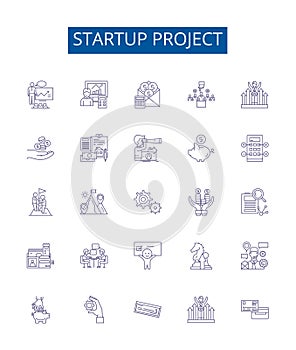 Startup project line icons signs set. Design collection of Startup, Project, Venture, New, Business, Idea, Launch