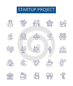 Startup project line icons signs set. Design collection of Startup, Project, Venture, New, Business, Idea, Launch