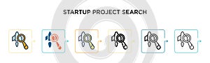 Startup project search vector icon in 6 different modern styles. Black, two colored startup project search icons designed in