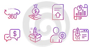 Startup, Report document and 360 degrees icons set. User idea, Upload file and Payment received signs. Vector