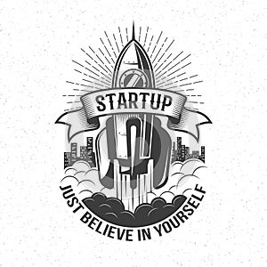 Startup retro logo - rocket launch in the sky