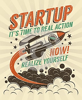 Startup retro poster with a rising rocket