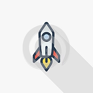 Startup, rocket launch thin line flat color icon. Linear vector symbol. Colorful long shadow design.