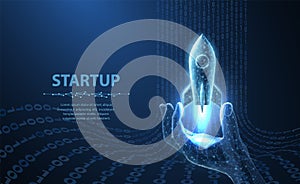 Startup. Rocket start from digital hand. Fast web development