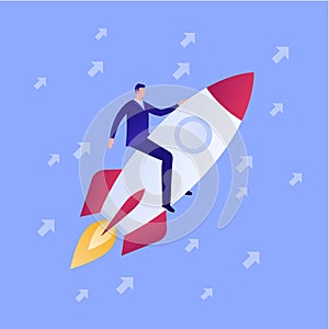 Startup and successful innovation business launch concept. Vector flat person illustration. Businessman character sit on rocket