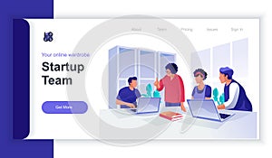 Startup team concept 3d isometric web banner with people scene. Employees collaborate and generate ideas and launch new business