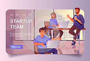 Startup team concept in cartoon design for landing page. Men and women launch new project, planning, brainstorming and develop