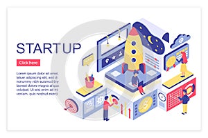 Startup, team working landing page isometric vector template