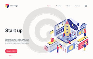 Startup technology isometric landing page, space dashboard for tech business teamwork