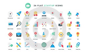 Startup technology, project development trendy flat icons set, success solution analysis