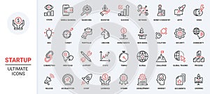 Startup technology trendy red black thin line icons set, success ideas and finance project development