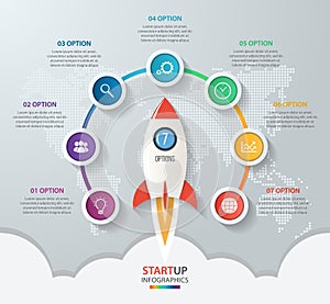 Startup vector circle infographics with rocket launch