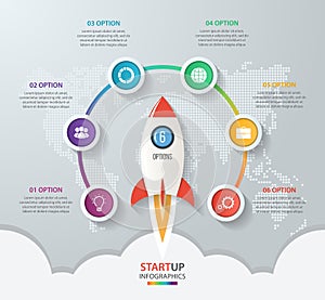 Startup vector circle infographics with rocket launch