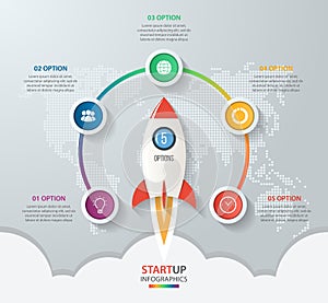 Startup vector circle infographics with rocket launch