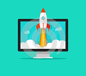Startup vector concept, flat cartoon quick rocket launch and computer or desktop