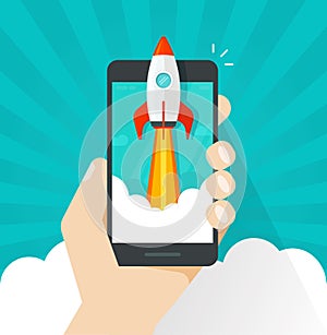 Startup vector concept, flat cartoon quick rocket or rocketship launch and mobile phone or smartphone, successful