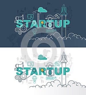Startup web page banner concept with thin line flat design